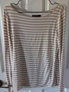 White House Black Market Cream and White Striped Long-Sleeve Top
